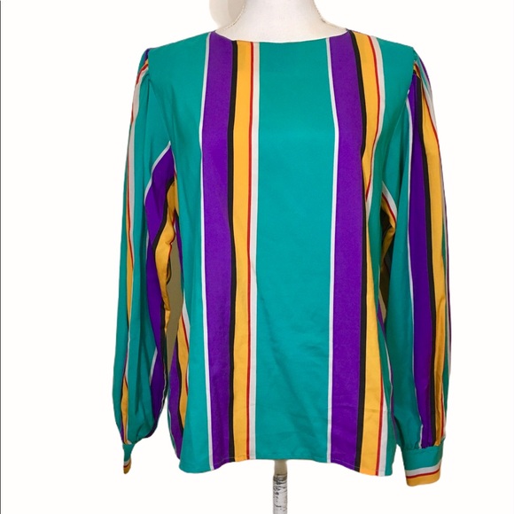 Vintage 90's Turquoise Rainbow Stripe Blouse - Picture 4 of 12